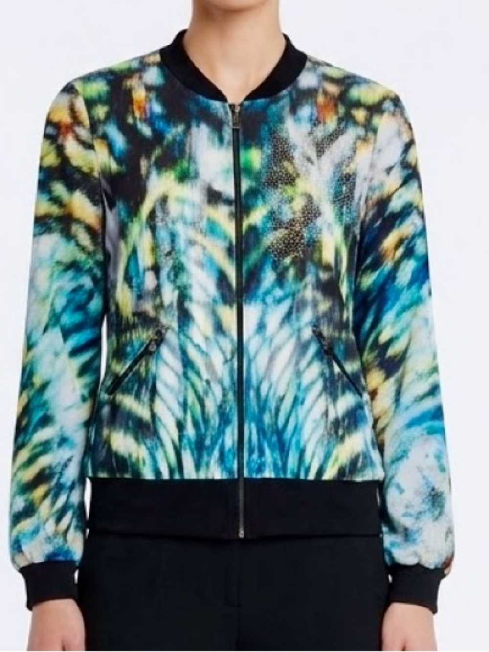 FRENCH BLUE Blingy Black Blue Green Multicolor Tie-Dye Bomber Jacket — #LHP